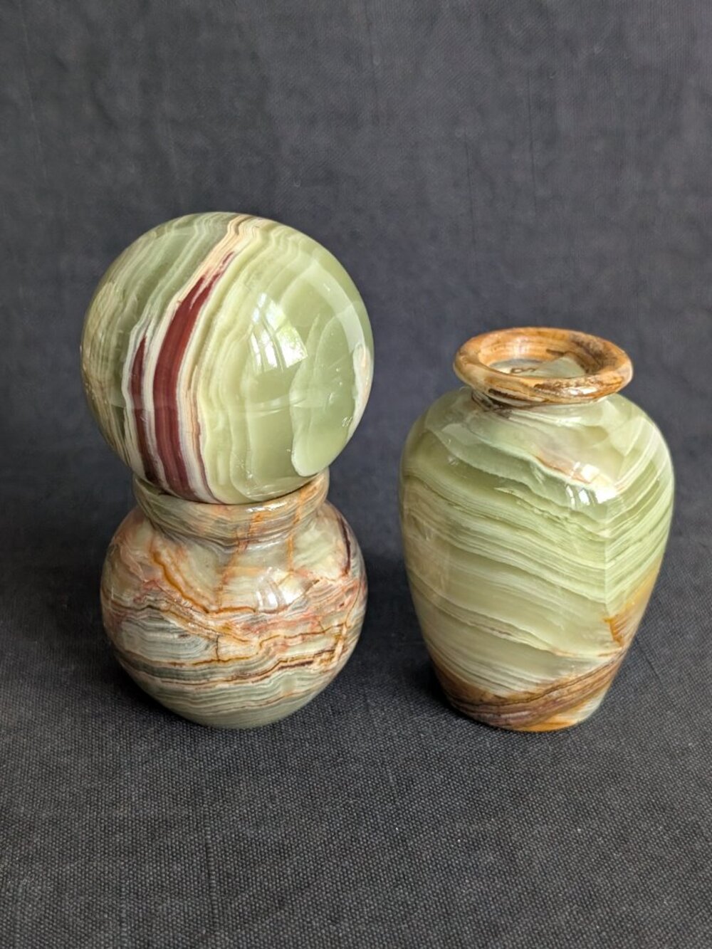 Lot of 3 Small Vintage Green Brown Natural Banded Onyx Marble Bud Vase & Ball